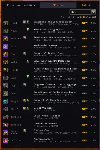 BiS gear panel for Raid