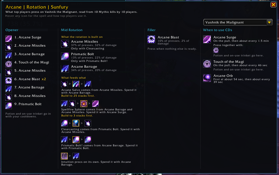 Rotation window for Arcane Mage on one raid boss: opener, mid rotation, filler and cooldowns